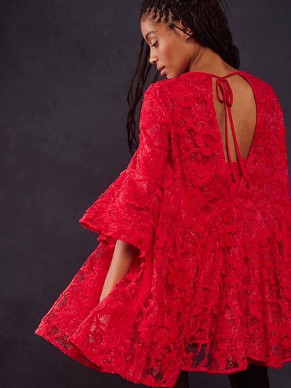 NEW Free People Le Fleur Babydoll Mini Dress Medium Red Lace Floral Bell Sleeve
